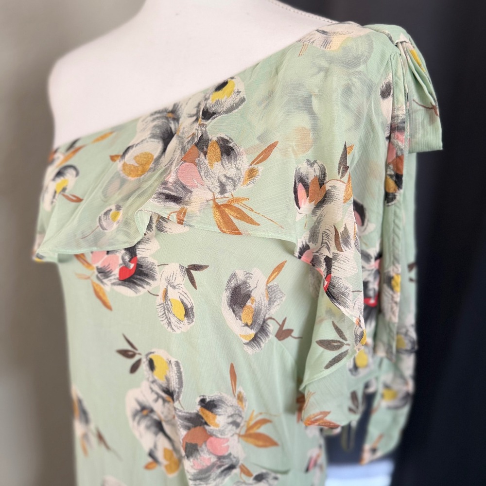 Lauren Ralph Lauren Floral Crinkled Georgette Gown Sage Green One Shoulder 18 - Picture 5 of 8